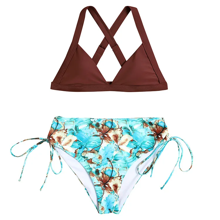 

New swimsuit of tall waist ruffles draw string with fission feel printing bikini swimsuit women