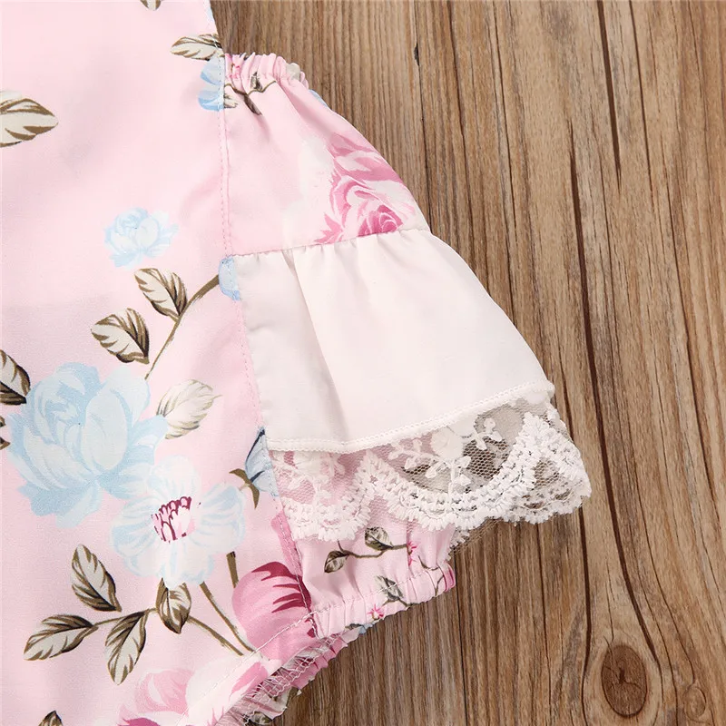 

Newborn Baby Girls Jumpsuits Headband 2Pcs Backless Flowers Print Lace Sleeveless Pink Romper Infant Baby Girl Cotton Jumpsuit