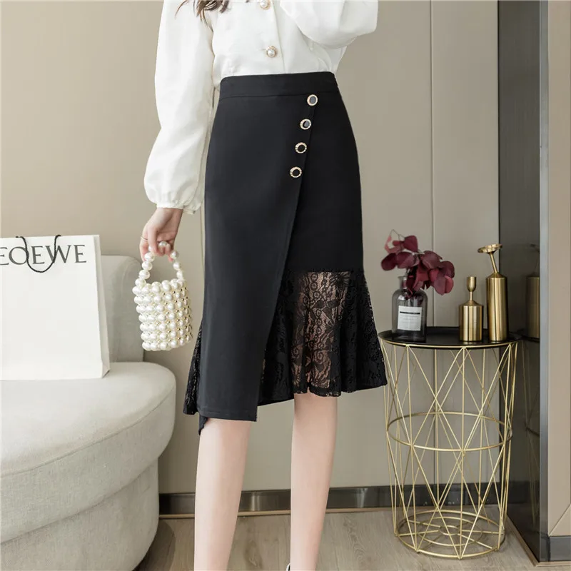 

Women Elegant High Waist Midi Long Skirts 2021 Black Irregular Lace Mesh Patchwork Package Hip Skirt Spring Summer Office Lady