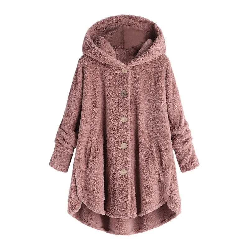 

New Fashion Women's Button Plush Blouse Irregular Pure Color Hooded Jacket Coat Winter Clothes Women