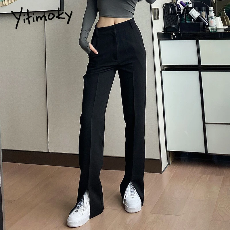 Черные расклешенные брюки Yitimoky с разрезом Женская офисная одежда в полную длину