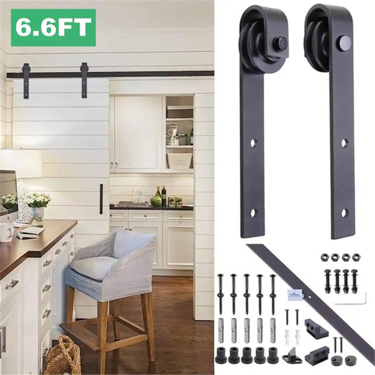 

6.6FT 200cm Steel Barn Rail Track Set Sliding Wood Door Hardware Steel Slide Door System Slide Kit