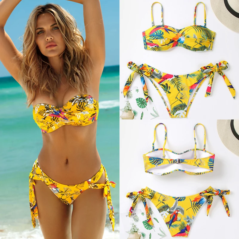 Floral Print Bikini Female Swimswear Bandeau Biquini Bandage Swimsuit Women Bathing Suit Push Up Set Sexy Bikinis 2020 | Женская одежда