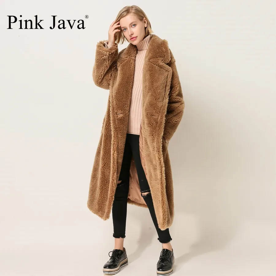 Розовое JAVA QC1848 Новое поступление пальто из натурального овечьего меха длинное стильное шерстяное пальто верблюжье плюшевое пальто более размера зимнее женское пальто