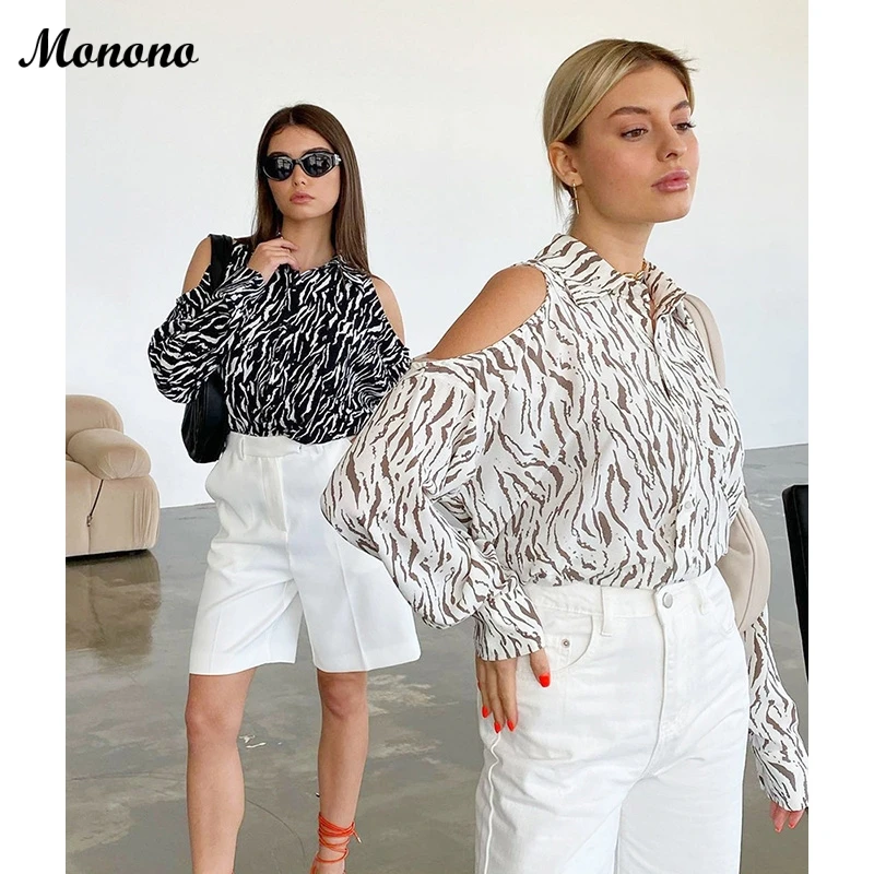 

Spring Shoulder Off Shirts Top Female Pocket Zebra Stripe Print Women Shirts Long Sleeve Office Lady Elegant Blouse Autumn 2021