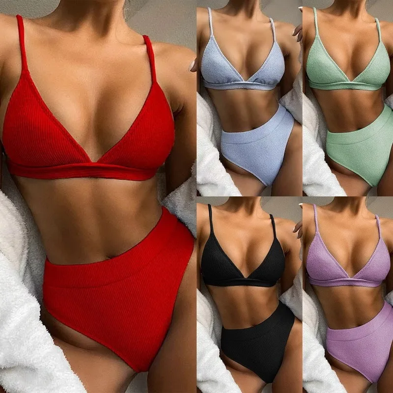 

Push Up Bikini Set Swimsuits High Waist Swimwear Women Ribbed Biquini Bathing Suits Brazilian Bikinis 2021 Purple Bathers new