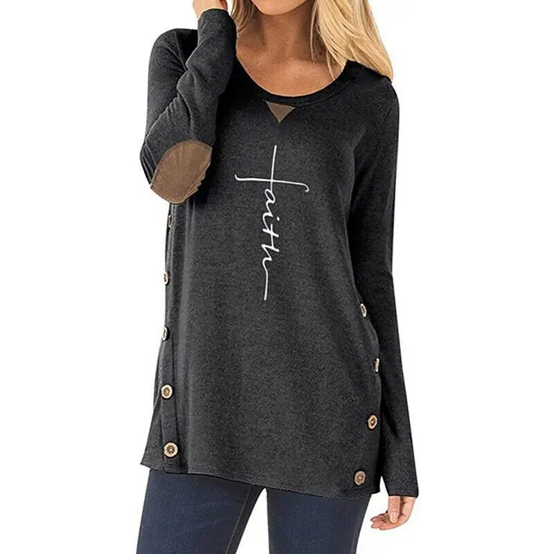 Женская блузка с принтом Faith однотонная круглым вырезом и длинным рукавом