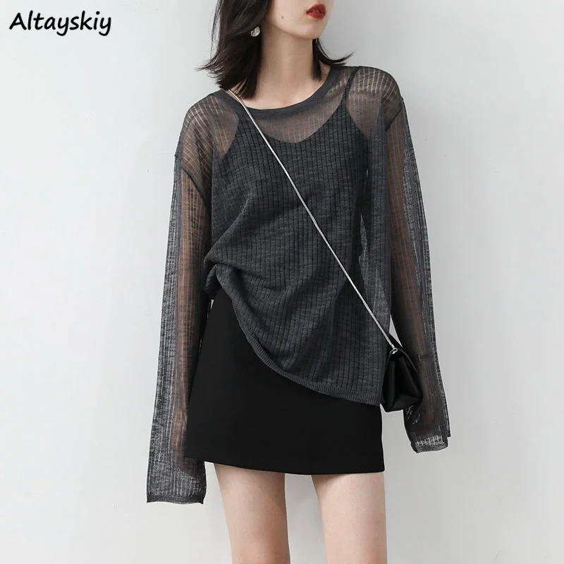 

Футболка женская с круглым вырезом, свободная однотонная простая Мягкая универсальная летняя Солнцезащитная кофта с длинным рукавом в Кор...