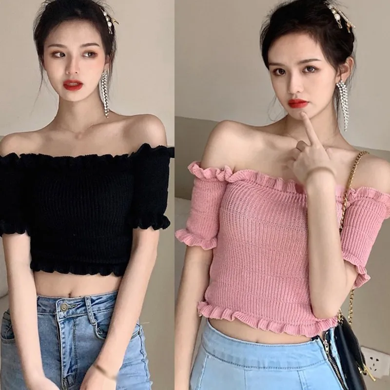 

2020 Summer Women's Fashion Korean Sexy Tube Top Slash Neck Solid Color Slim Short Exposure Knitted T-shirt 5 Colors New