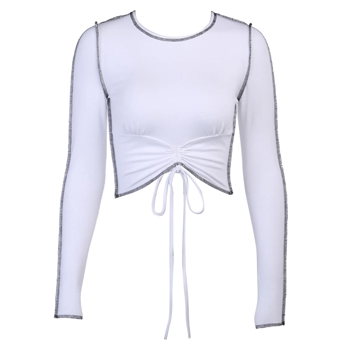 

Womens Casual Long-sleeves Pullover Top Solid Color Sexy Drawstring Bandage Exposed Navel T-shirt