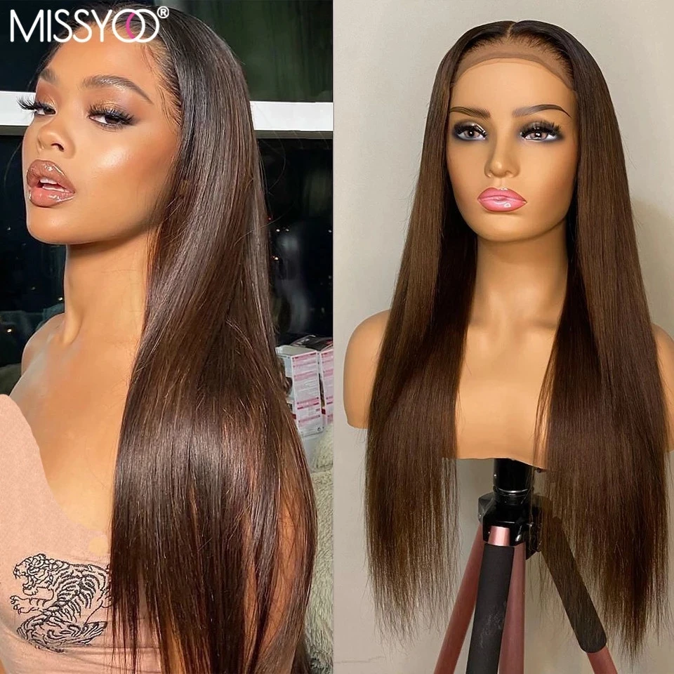 

Honey Brown Human Hair Wigs 4# Straight 4x4 Lace Closure Wig With Baby Hair For Black Women Brazilian Remy Hair Front Lace Wigs