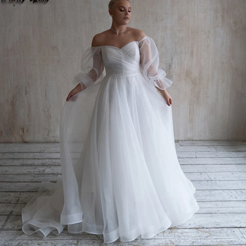 New  Wedding Dresses Plus Size Off The Shoulder Wedding Dresses Full Sleeves Beaded Sash Organza Boho Wedding Party Gowns Simple