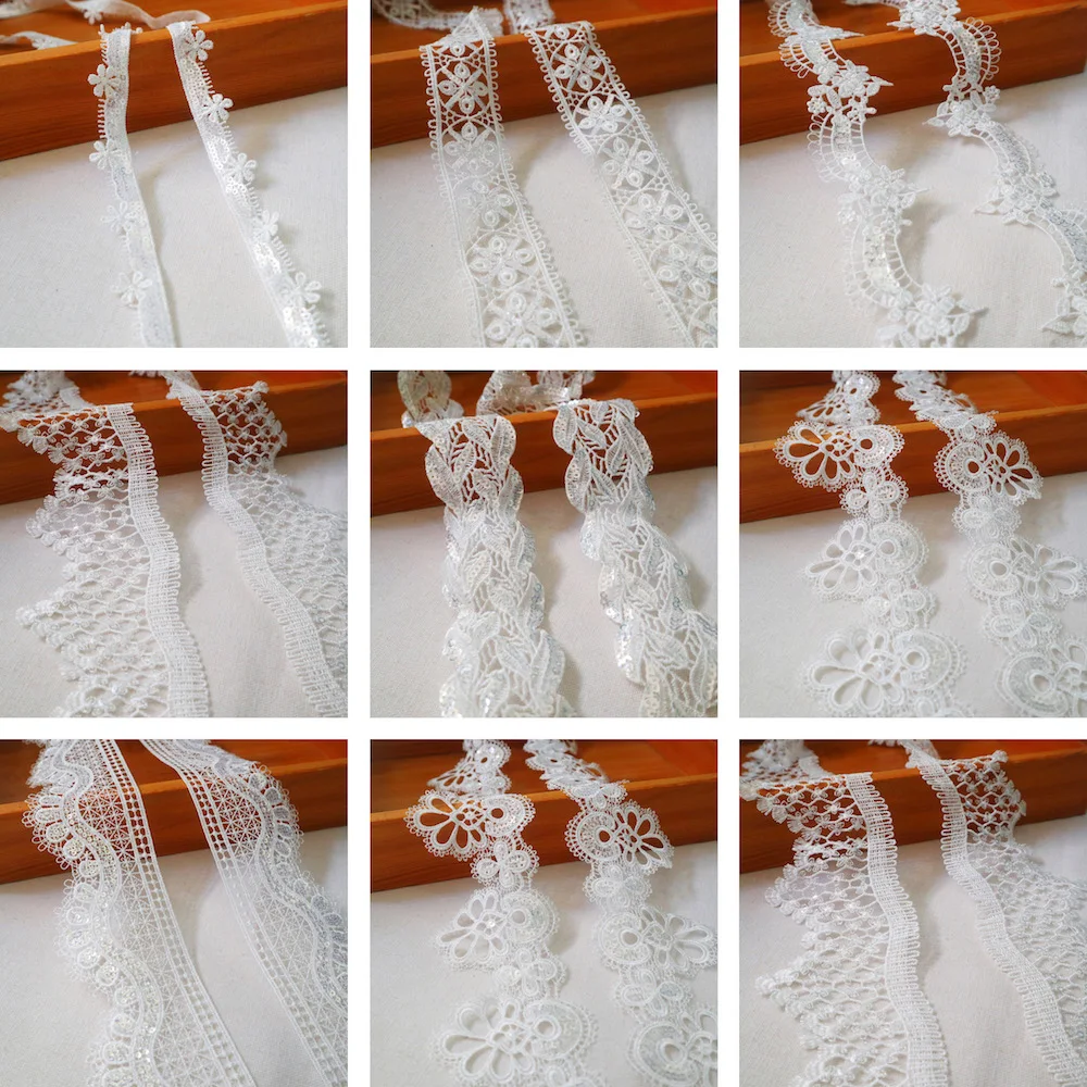2 ярдов Яркое С блестками Белая кружевная лента планки вышитый полиэстер ткань DIY