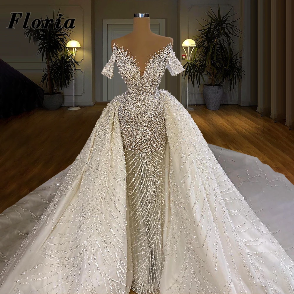 

Heavy Beaded Pearls Wedding Dresses Saudi Arabia Mermaid Illusion Bride Dress Vestido 2020 Detachable Skirt Dubai Bridal Gowns