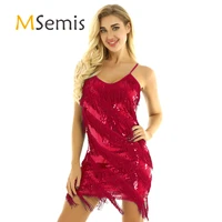 msemis women adjustable strap sequin fringe tassels hem flapper latin dance dress tango salsa charleston dress competition wear
