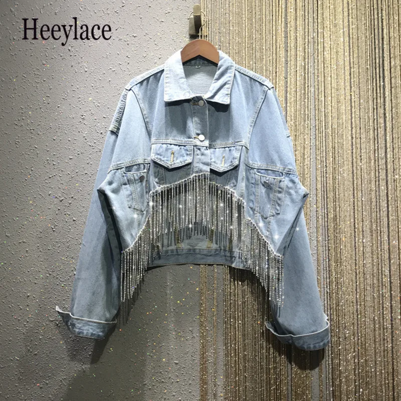 

Женские блестящие жакеты в стиле пэчворк с бриллиантами и бахромой, женские Асимметричные винтажные синие джинсовые жакеты для женщин