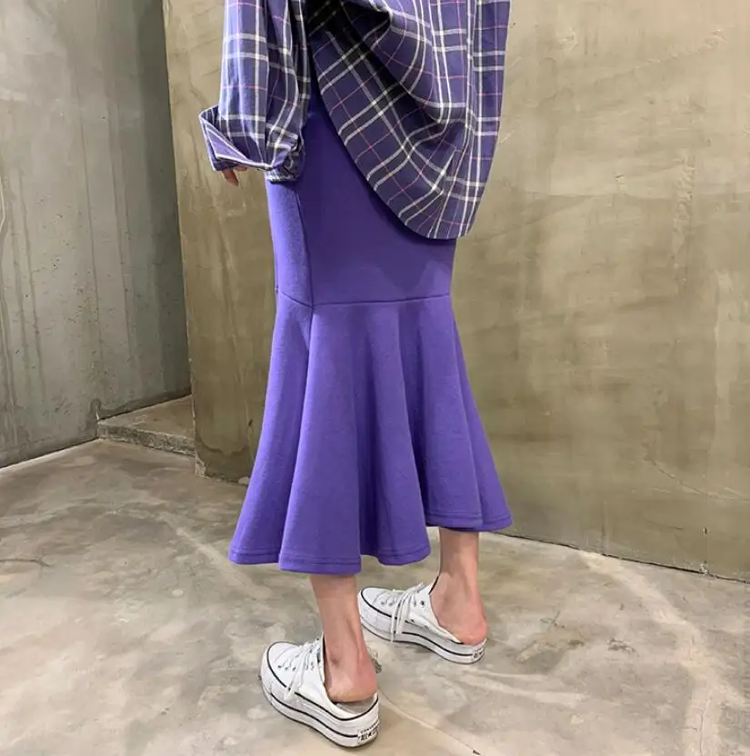 

Fashion Purple Sexy Split Slim Trumpets skirt women high waist package hip Ruffles Mermaid Skirts s456