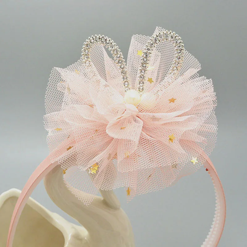

Baby Girl Rabbit Eears Hair Hoop Mesh Yarn Hairband Flower Crown Hair Band Rhinestone Headband For Girls Kids Headwear Hairbands