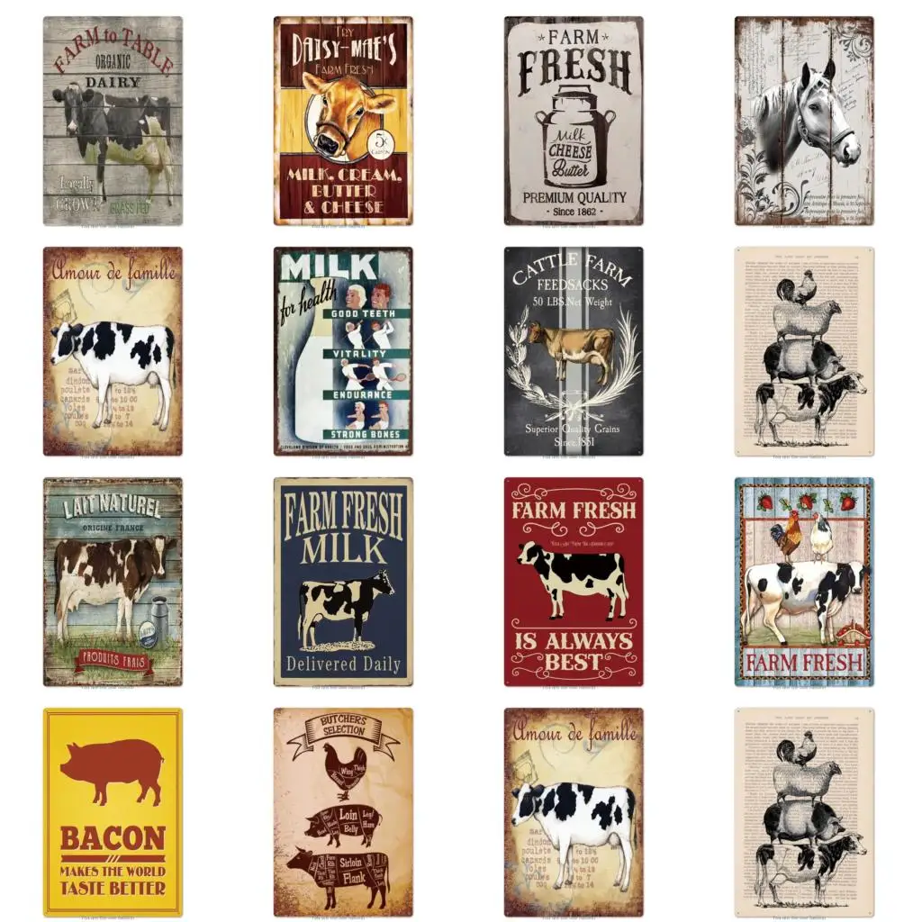Shabby Wall Metal Tin Signs Farm To Table Fresh Milk Cows For Sale Vintage Iron Stickers Plaque Plate Decor Retro Pub | Дом и сад