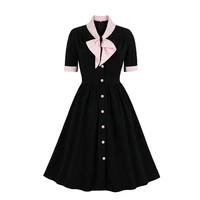 new fashion elegant ladies clothing women summer short sleeve button black vintage retro casual party dress with pink bow