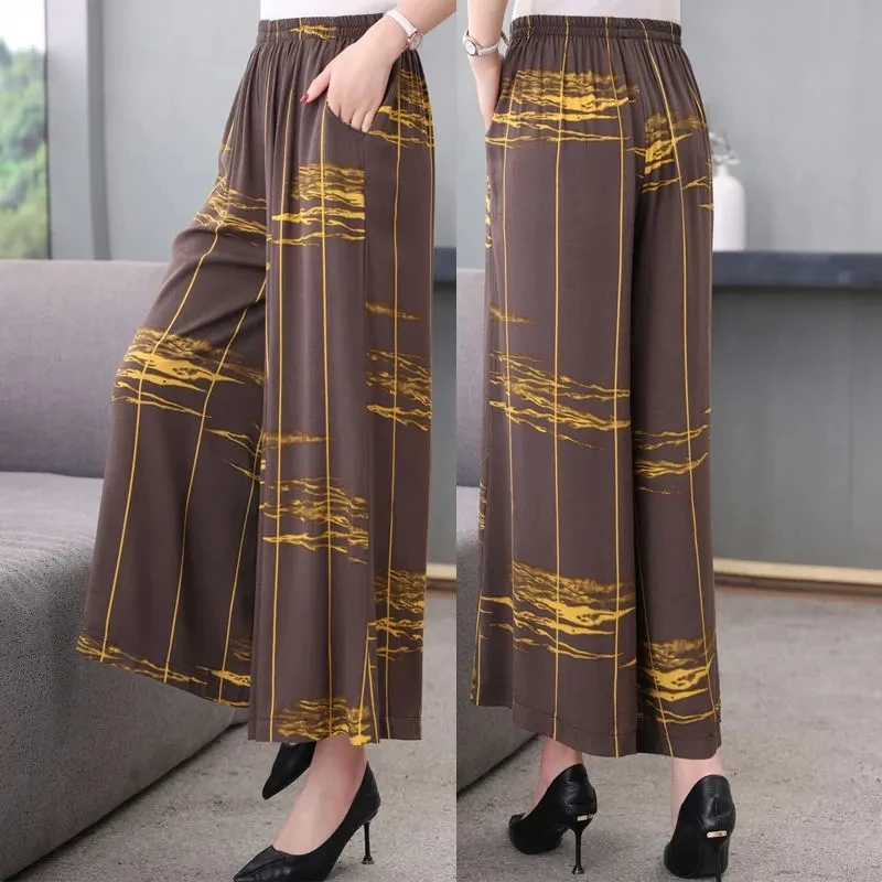 

Summer Mothers Wear Wide-Leg Pants Women 2022 New Middle-Aged Elderly Casual Trousers High-Waist Female Cropped Pants