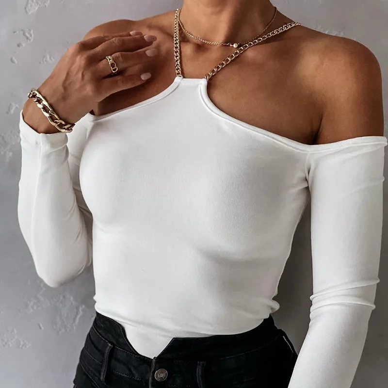 

Женский трикотажный топ на одно плечо, однотонный Сексуальный Топ с длинным рукавом и металлическим воротником-халтер, с открытой спиной, м...