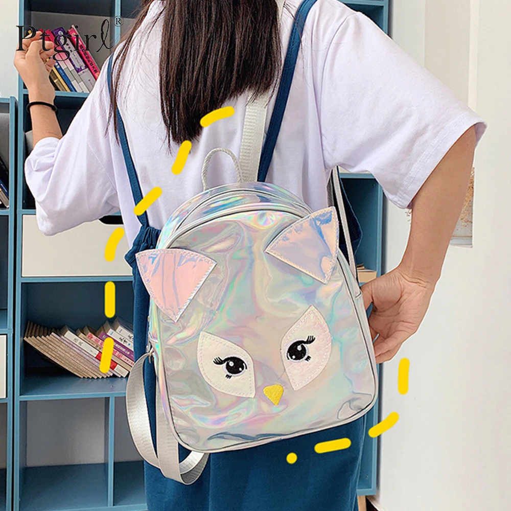 

Fashion Mini Laser Owl Backpack Bags For Girls Women Ptgirl PU Leather Silver Small Schoolbags Mochila Feminina рюкзак женский