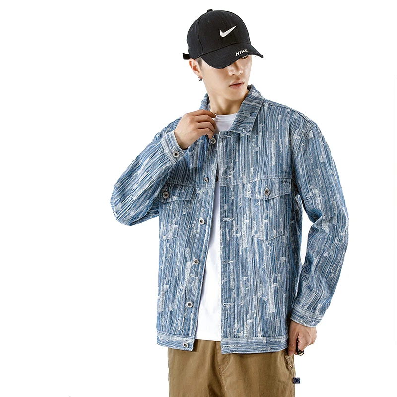 Куртка мужская джинсовая свободного покроя модная верхняя одежда с потертостями