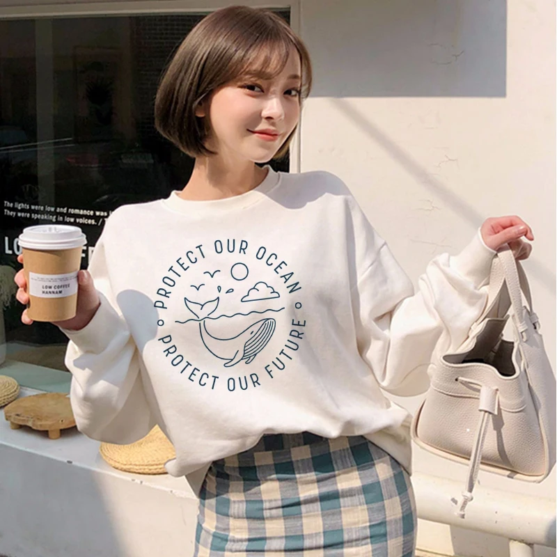 

PROTECT OUR OCEAM Letter Cartoon funny kawaii Print Tumblr winter Korean sweatshirt chic loose casual Harajuku women's clothing