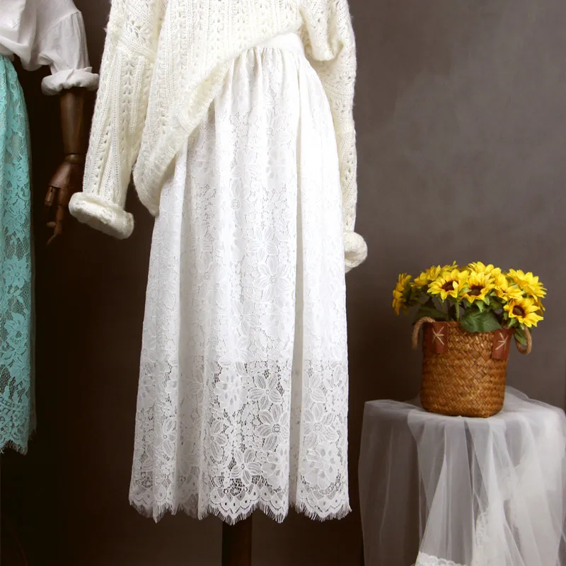 White lace bottom skirt mesh embroidery half slip dress 2021 autumn and winter mid length a line petticoat wide elastic waist
