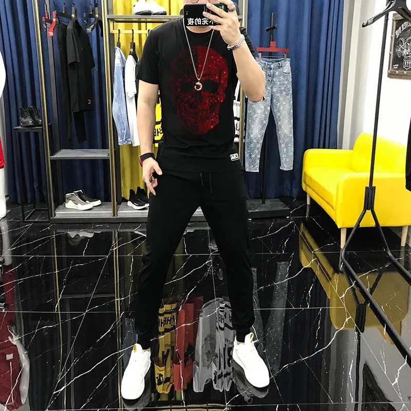 

Men's T-Shirt Personality Summer Jogger Hot Sale Tracksuit Fashion Skull Diamond Sets New Short Sleeve
