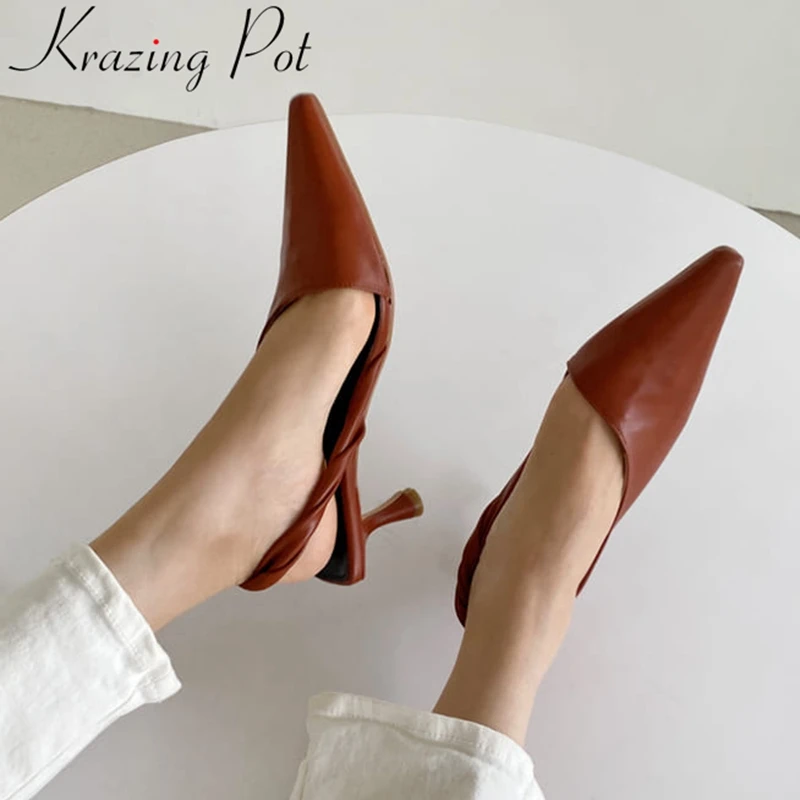 

Босоножки Krazing Pot женские на высоком каблуке, удобные сандалии из воловьей кожи, квадратный носок, ремешок сзади, элегантная обувь для офиса ...