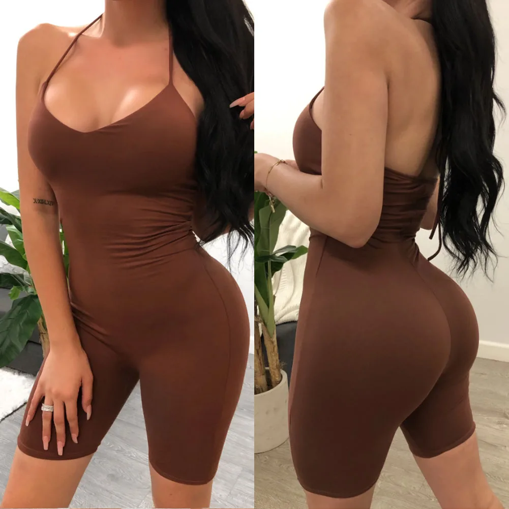 

Sexy Women Sports Playsuits Gym Yoga Set Tracksuit Female Sleeveless Halter Bodycon Romper Solid Women Backless Skinny Jumpsuit