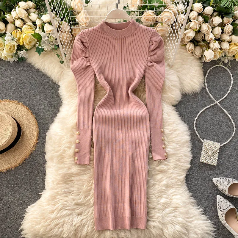 

Elegant Puff Sleeve Women Sweater Dress 2020 Autumn Winter Slim Stretch Bodycon Knitted Dress Ladies Office Dresses