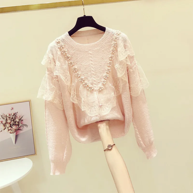 

Sweet Beaded Lace Spliced Ruffled Wool Sweater Women's Autumn Winter Loose Mohair Pearls Pullovers Mink Cashmere Crop Tops 2020