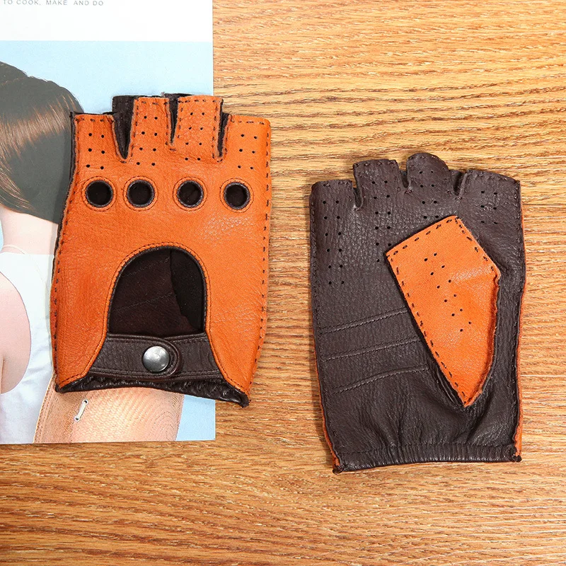 

High Quality Genuine Leather Men's Semi Finger Gloves Anti-Slip Driving Breathable Fitness Deerskin Gloves Male D0132-9M