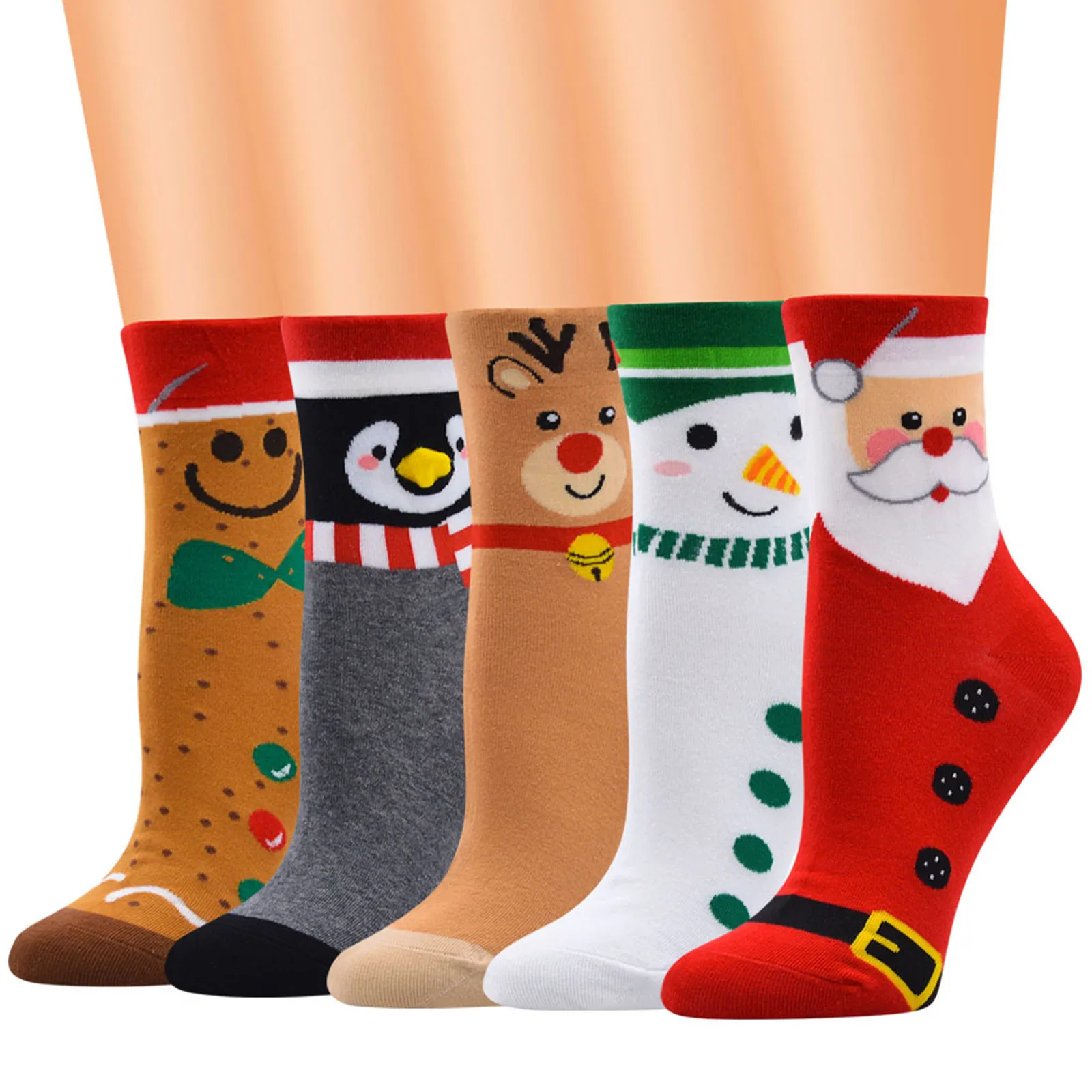 

Breathable Christmas Women Socks Knee-high Stockings Ladies Cartoon Santa Claus/Elk/Snowman Printing Mid-calf Length Socks