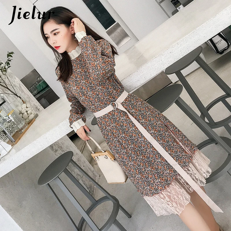 Jielur 2020 Autumn Khaki Floral Dress Women Chic Sashes Elegant Lady Chiffon Dresses Lace Slim Fashion OL Korean Vestidos S-XXL | Женская