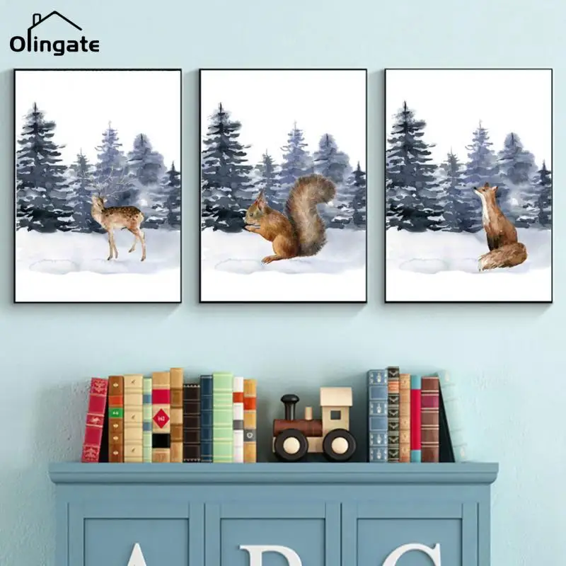 

Squirrel Bear Elk Deer Fox Pine Forest Animal Canvas Painting Wall Art Nordic Posters and Prints Wall Pictures Kids Room Decor
