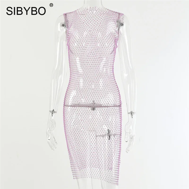 Фиолетовый SIBYBO/сексуальное летнее пляжное платье в сеточку, украшенное бриллиантами, женское облегающее платье без рукавов, вечерние женские платья для ночного клуба - Цвет: Фиолетовый