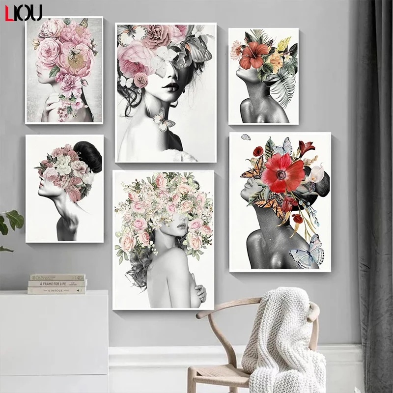 Женское настенное искусство модное настенный плакат цветок голова и