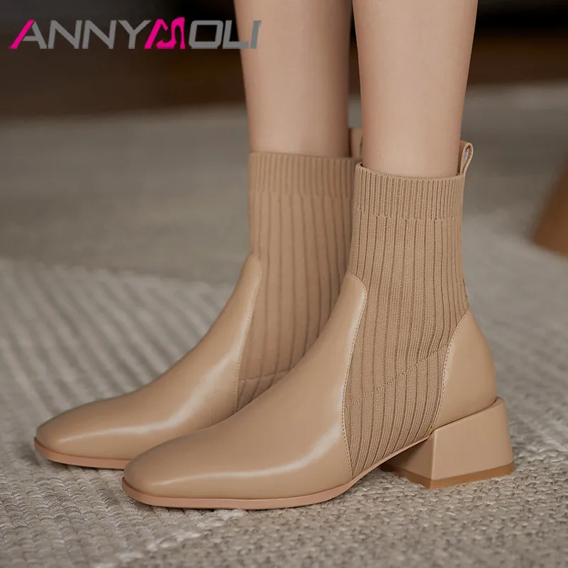 

ANNYMOLI Genuine Leather Mid Heel Stretch Boots Short Boots Women Shoes Square Toe Block Heels Slip-On Ankle Boots Apricot Black