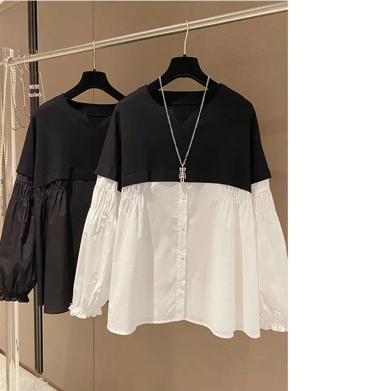 

European skirt design feeling niche shirt women's white long sleeve loose stitching doll shirt top 2021 spring