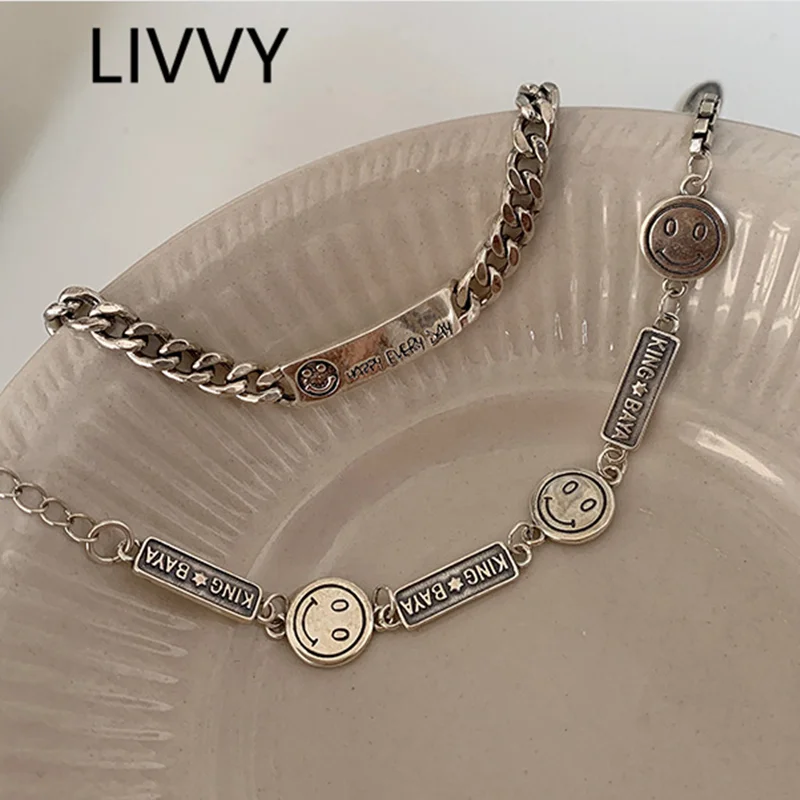 

LIVVY Smiling Face Square Letters Thick Chain Charm Bracelet for Women Vintage Round Thai Silver Color Trendy Party Jewelry