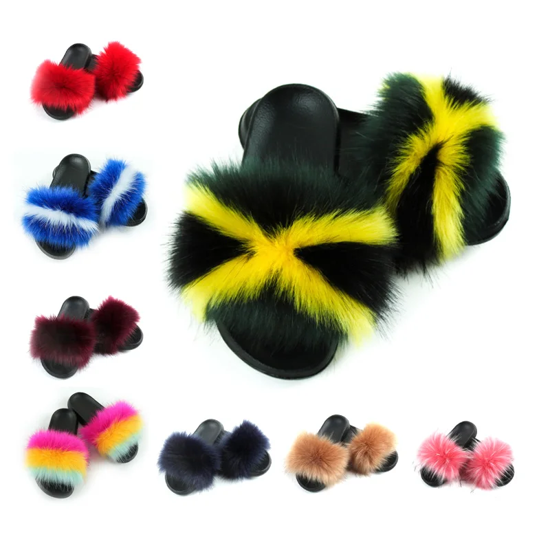 

Шлепанцы женские из искусственного лисьего меха, Нескользящие домашние тапки на плоской подошве, летняя модель
