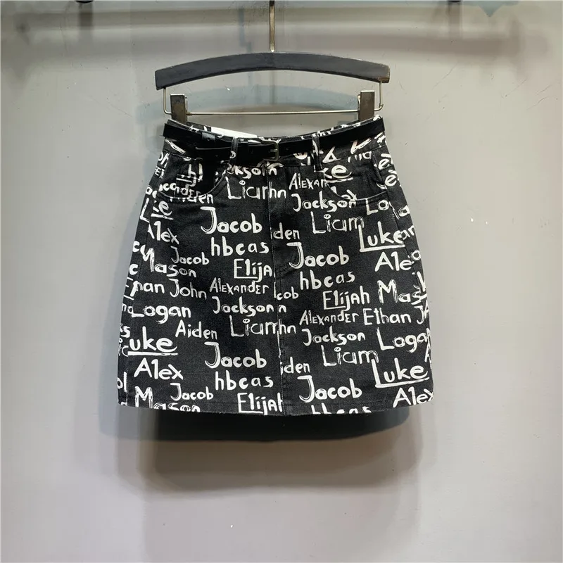 

Letter Printed High Waist Denim Skirt Korean Style Women's Clothing 2021 Summer New Fashion A- line Sheath Skirt Fashion