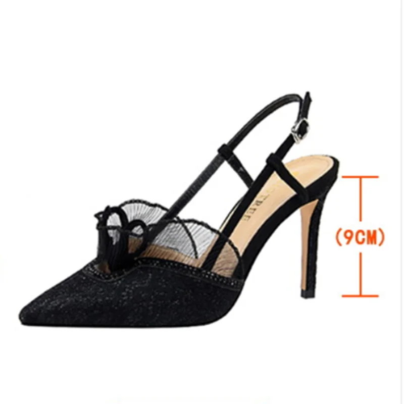 

European and American Fashion Banquet Women's Shoes High Heel Shallow Mouth Pointed Net Lace Hollow Trip Belt Sandals