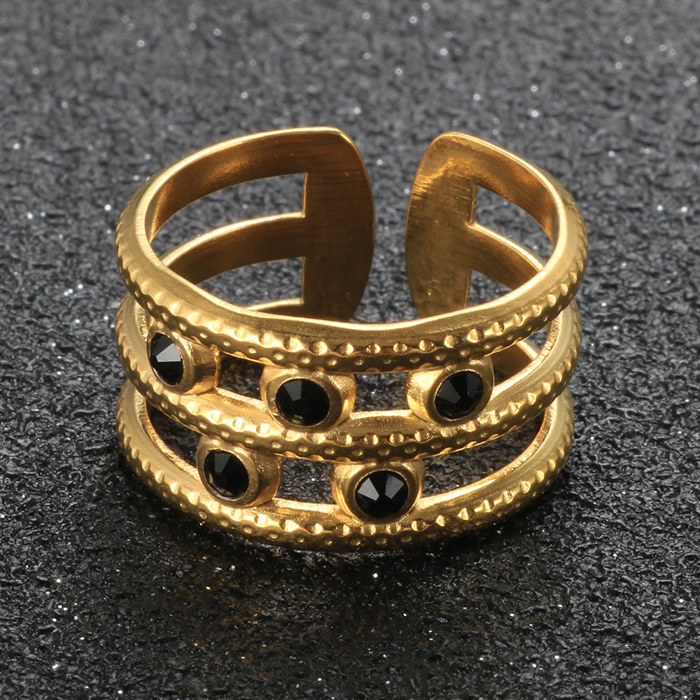 

Luxury Trendy Stainless Steel Rings For Women Men Couples 5 Black Opening Three-layer Adjustment Gold Color Jewelry Gifts