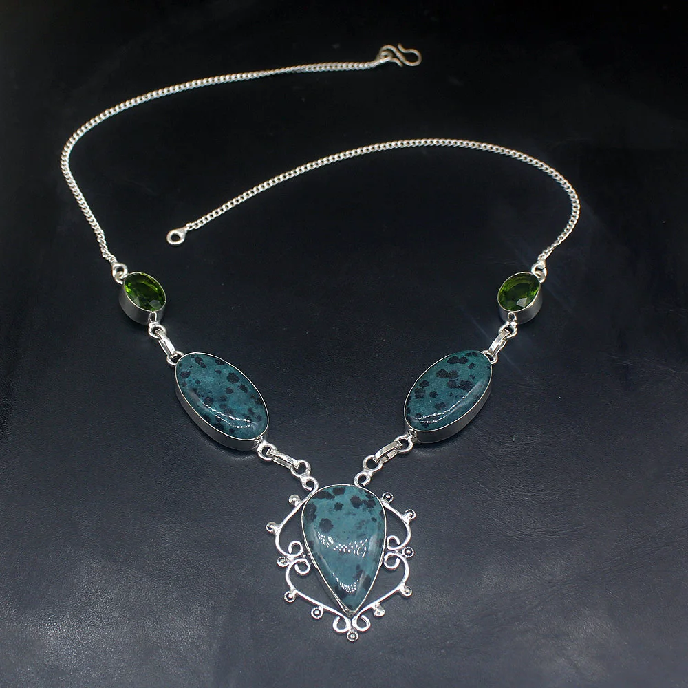 

Gemstonefactory Jewelry Big Promotion 925 Silver Dalmatian Jasper Charm Green Peridot Ladies Women Chain Necklace 34cm 20215074