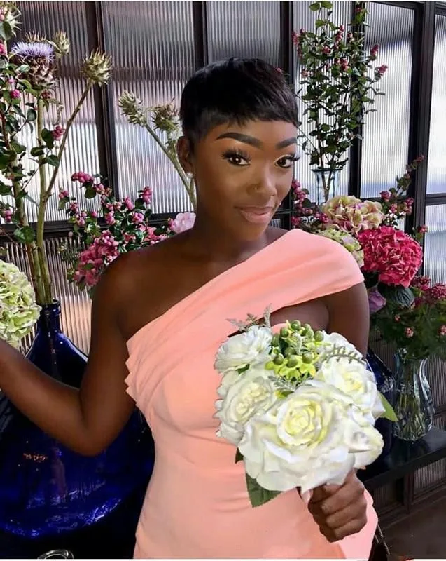 

2021 African One Shoulder Bridesmaid Dresses Long Elastic Satin Black Girls Bridesmaid Dress Wedding Party Gowns